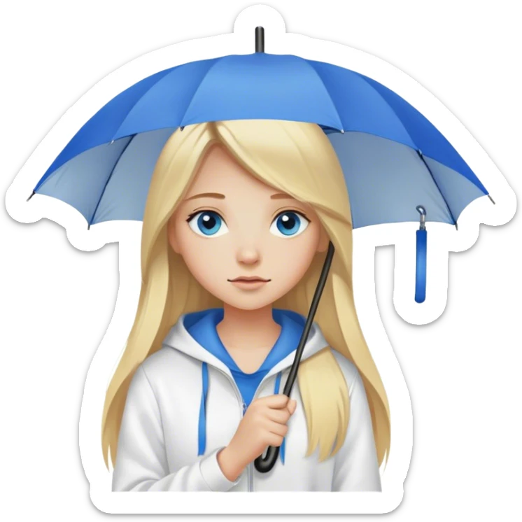 Cinematic realistic emojis in the form of a blonde girl with long hair, blue eyes, wearing a white hoodie, holding an umbrella over her sticker