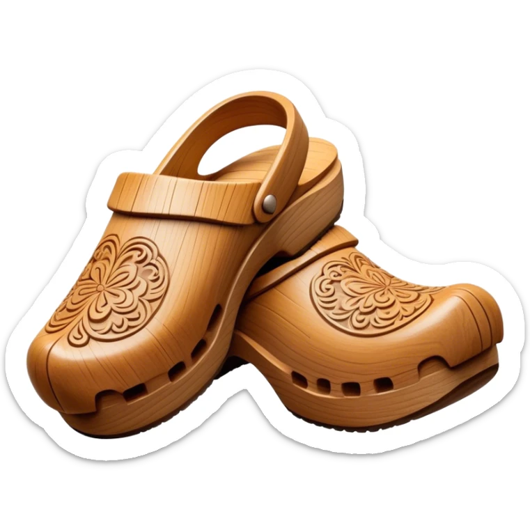 Cinematic Realistic Wooden Clogs Emoji, depicted as a pair of traditionally carved wooden clogs with intricate details and rustic charm. sticker