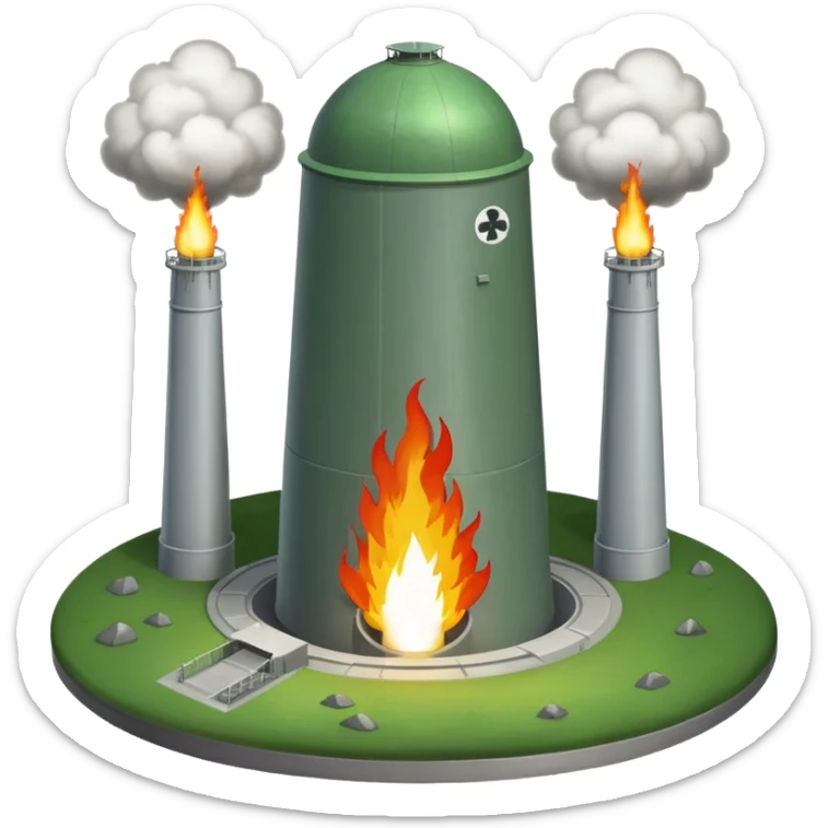 green landscape with sun in top of the background, there is a greynmissile silo hatch open, and the top two thirds of a white nuclear missile launching out of the silo is shown sticker