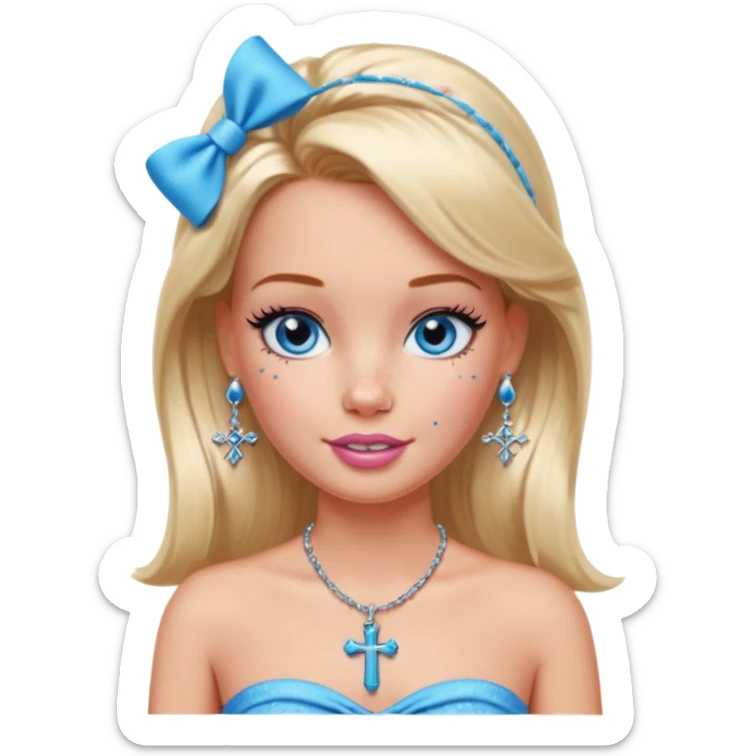 Barbie emoji with earrings and nose piercings and a cross necklace and blue eyes with bow in hair and tube top and long lashes with freckles  sticker