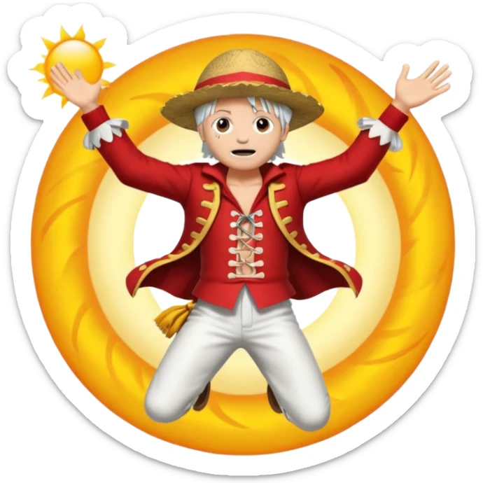 the king of the pirates (luffy) with white hair and clothes jumping in front of the sun sticker
