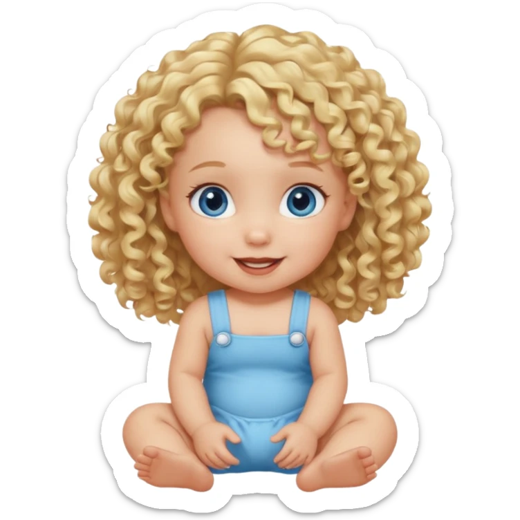 blonde curly hair blue eye baby girl sitting on the floor talking sticker