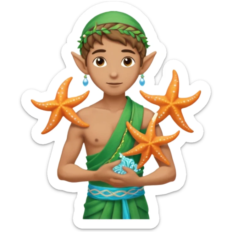 elf male Sarong with bioluminescent embroidery, armful of starfish, hair in a braid with pearl pins. sticker