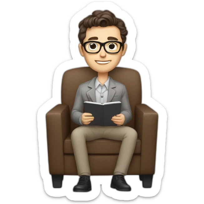 Pale skinned Fit Man With dark brown hair in gray jacket, beige office shirt, Brown pants and vintage glasses sitting In a soft chair with a notebook with emblem Ψ and a pen in his hands sticker