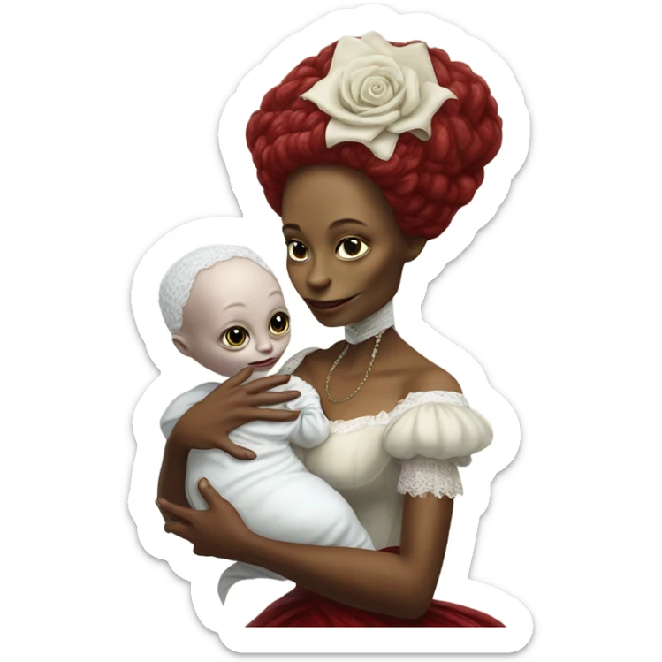  Reptilian alien woman , full body, in victorian red elegant dress , holds a newborn white humman baby sticker