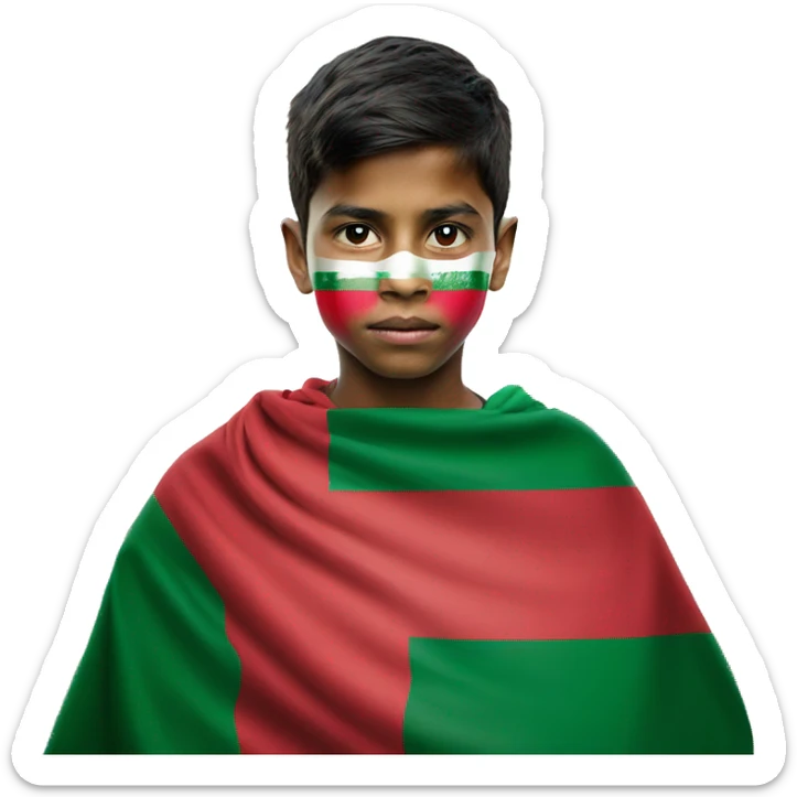Bangladesh flag behind, a 18 year young boy in front , red cloth covering his face sticker
