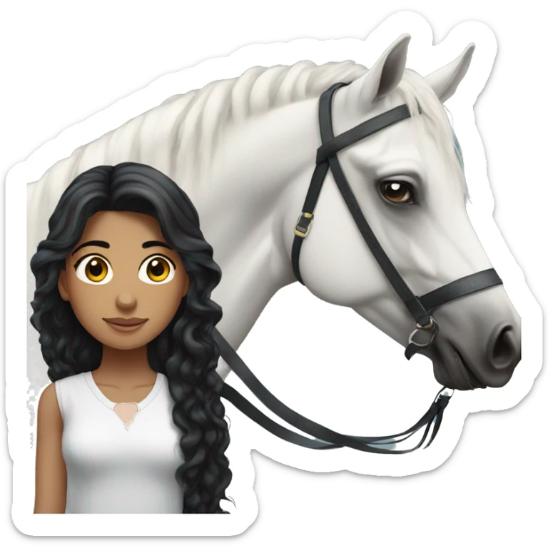  White Brazilian girl, long black curly hair, standing next to a black Arabian horse sticker