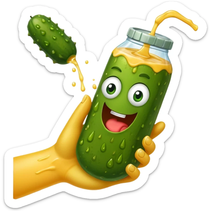 a cartoon pickle with juice squirting from the top of it, being squeezed by a hand sticker