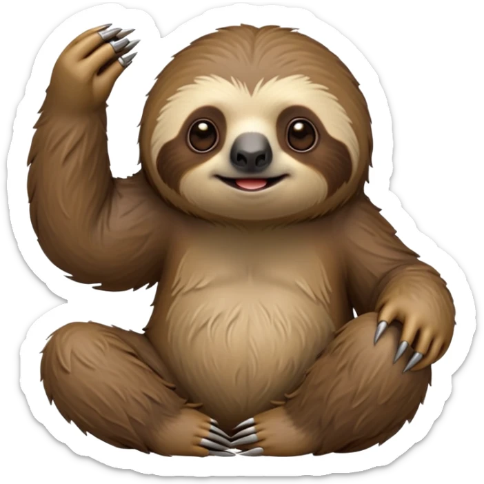 cinematic-sloth-realistic-full-body-sitting-emoji,-long-curved-claws-clinging,-thick-shaggy-brown-fur-slightly-ruffled,-head-tilted-dramatically,-slow-blinking-eyes-filled-with-serene-wisdom,-simplified-yet-realistic-focused-features,-highly-detailed,-glowing-with-an-almost-sarcastic-glow sticker