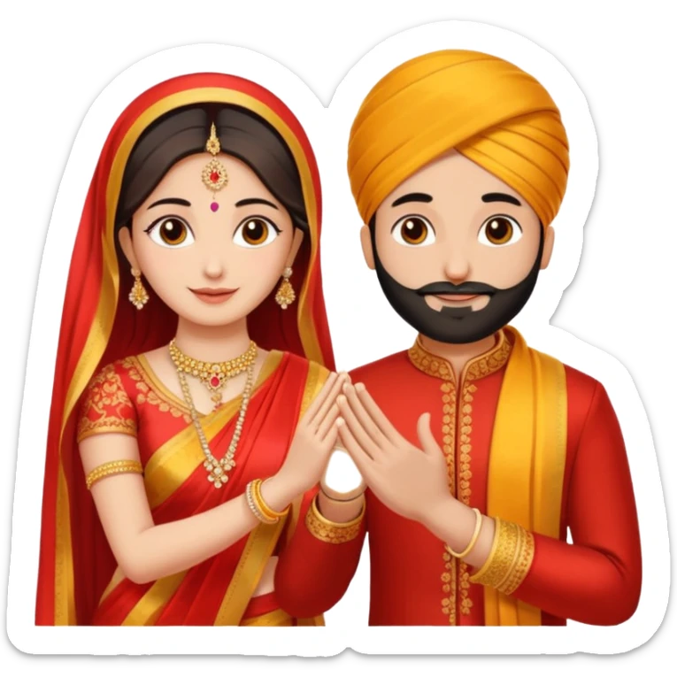 Two hands in a engagement..One hand of groom and one hand of bride. Bride dress - red/yellow saree. groom- light orange punjabi (oonly hands will be visible sticker