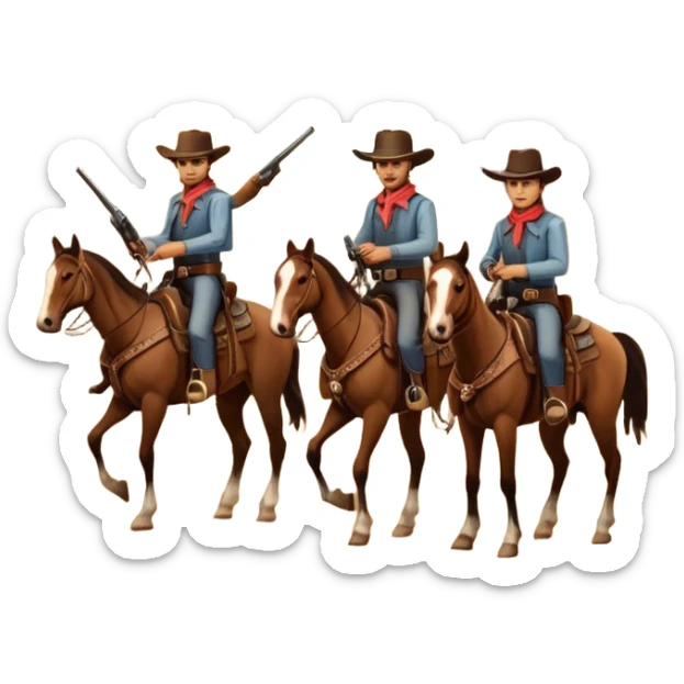 Icon for Western: A vintage movie poster-style design with cowboys on horseback, dusty desert landscape, and a setting sun. Include cowboy hats, revolvers, and an old saloon. The design should have bold typography and a retro cinematic feel. Transparent background. sticker