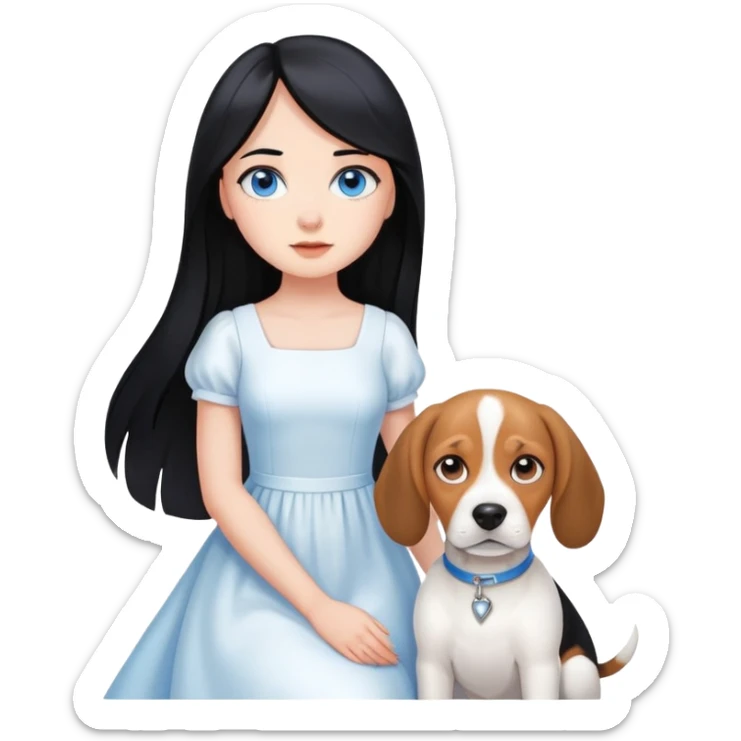 black hair girl with long hair blue eye white dress beagle dog sticker
