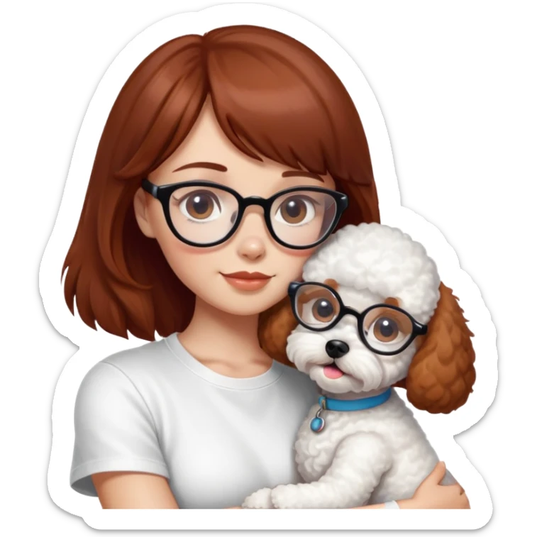 Mahogany haired girl with bangs, white glasses and a white t-shirt hugging a toy poodle dog sticker