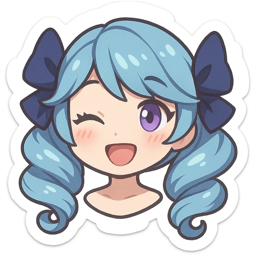 Gwen from League of Legends, happy expression, head only, right eye is purple, chibi style, blushing cheeks sticker