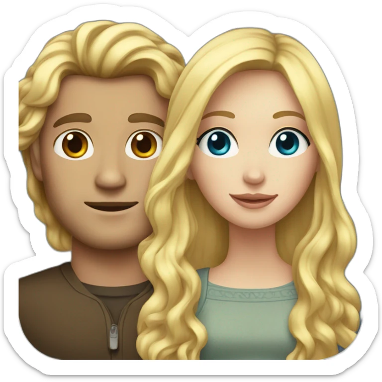 An american couple. The woman is blonde and has blue eyes and EXTREMELY long wavy hair. The man has dark brown, short hair, his left ear is perced. His eyes are green sticker