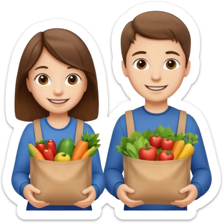 caucasian kids putting groceries in bags smiling brown hair sticker