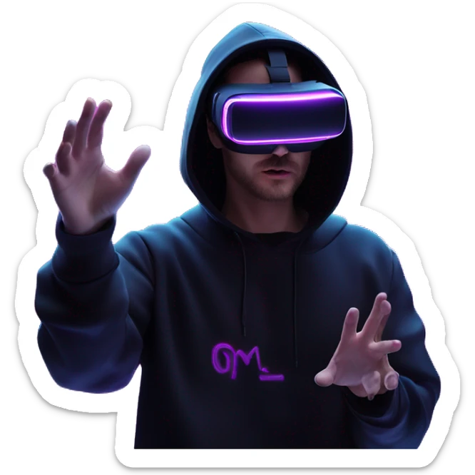 Russian man wearing a black hoodie with "OMG" letters on it and VR headset oculus quest 2 in a cyberpunk VR environment with violet neon lighting. Showing direction with hand sticker