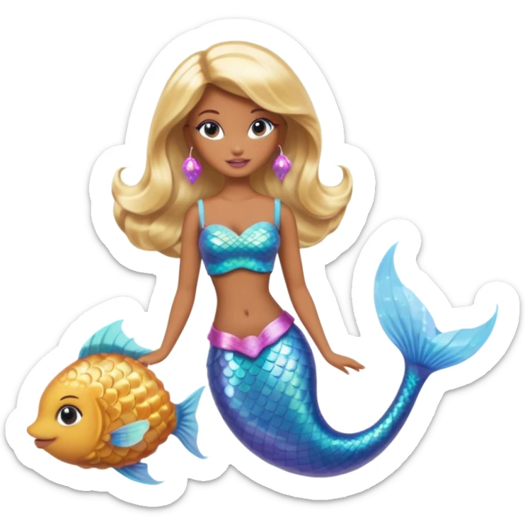 Brown skin blonde hair barbie mermaid with holographic tail  with pufferfish sticker