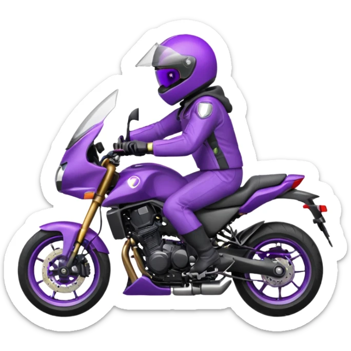 Créer un emoji avec une moto mt07 sport noir mate / violet iridescent très foncé, pare-brise de la moto violet. Avec une pilote dessus, visage masqué par la visière violette . Avec en arrière plan cercle violet. sticker