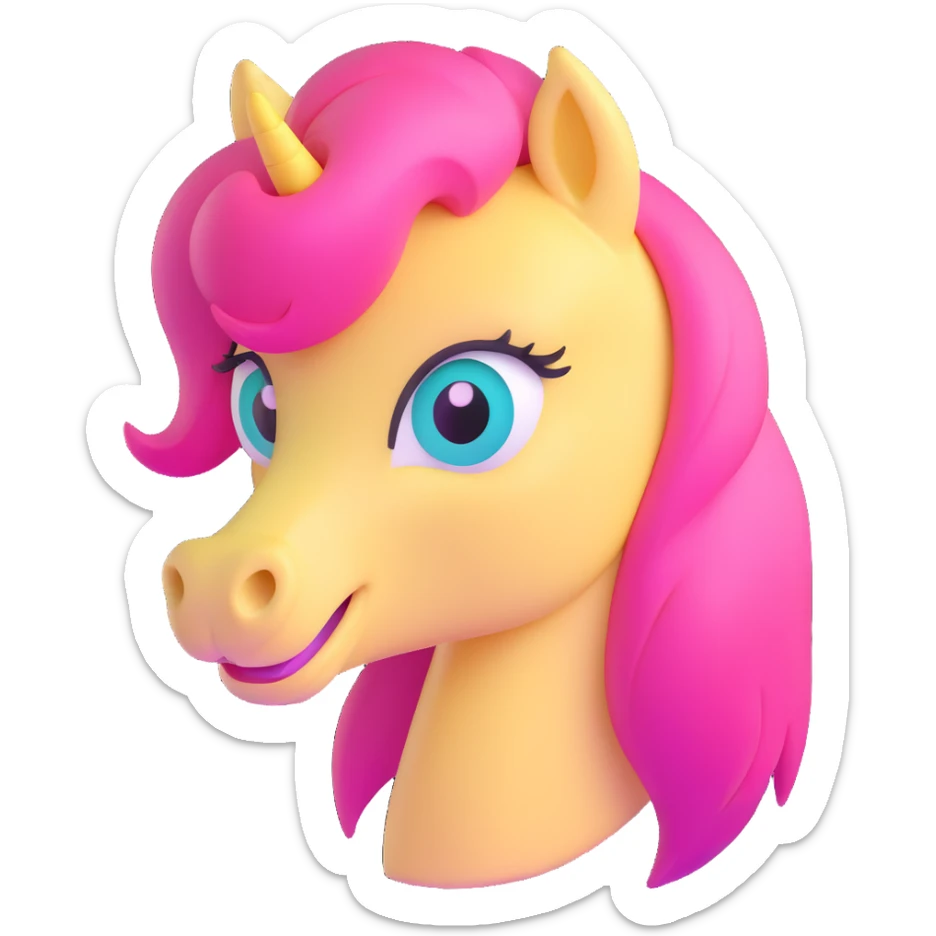 close-up face of pastel yellow pony with pink mane, big teal eyes, shy smile sticker