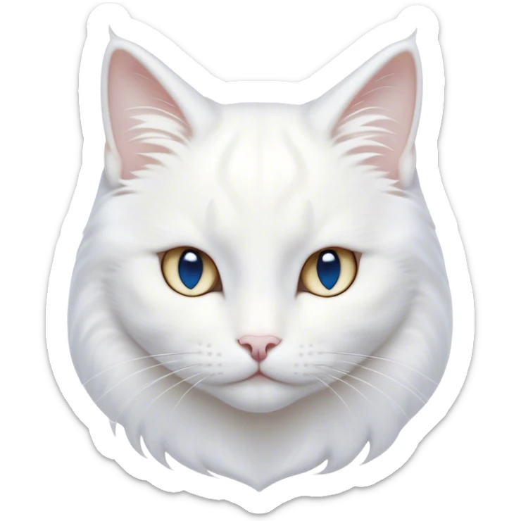 Cinematic Noble White Cat Portrait Emoji, Poised and stately, with a pristine, snow-white fur accented by delicate hints of silver, refined whiskers and a serene, focused gaze, simplified yet impeccably detailed, glowing with an ethereal radiance and timeless elegance, high shine, exuding calm intelligence and regal simplicity, soft glowing outline, capturing the essence of a noble white cat that radiates quiet majesty! sticker