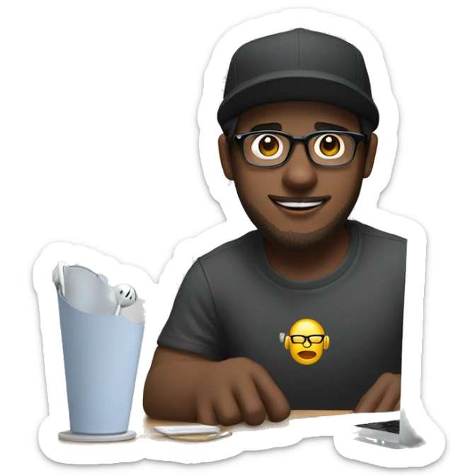 White male dark hair, clear lens glasses in front of a MacBook with overeat headphones on and a backwards hat sticker