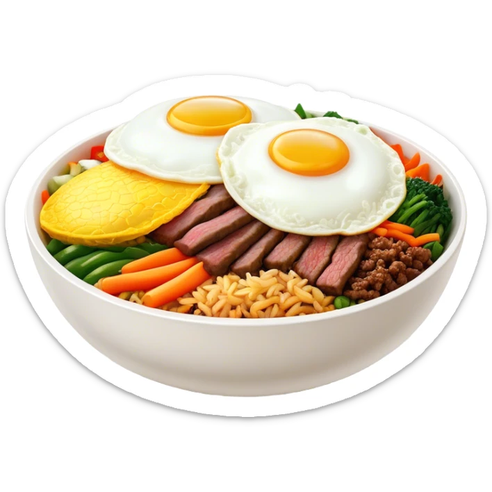 Cinematic Realistic Bibimbap Dish Emoji, showcasing a colorful bowl of mixed rice, assorted vegetables, beef, and a fried egg rendered with lifelike detail and vibrant, harmonious lighting. sticker