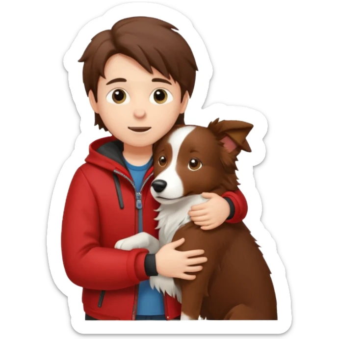 Menino fofo de pele branca e cabelo castanho comprido usando uma jaqueta vermelha abraçando um border collie marrom  sticker