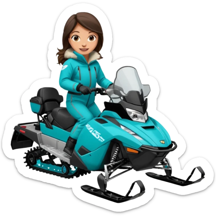 Can you create an emoji of a brunette girl on a teal polaris khaos 850 155 snowmobile action shot sticker