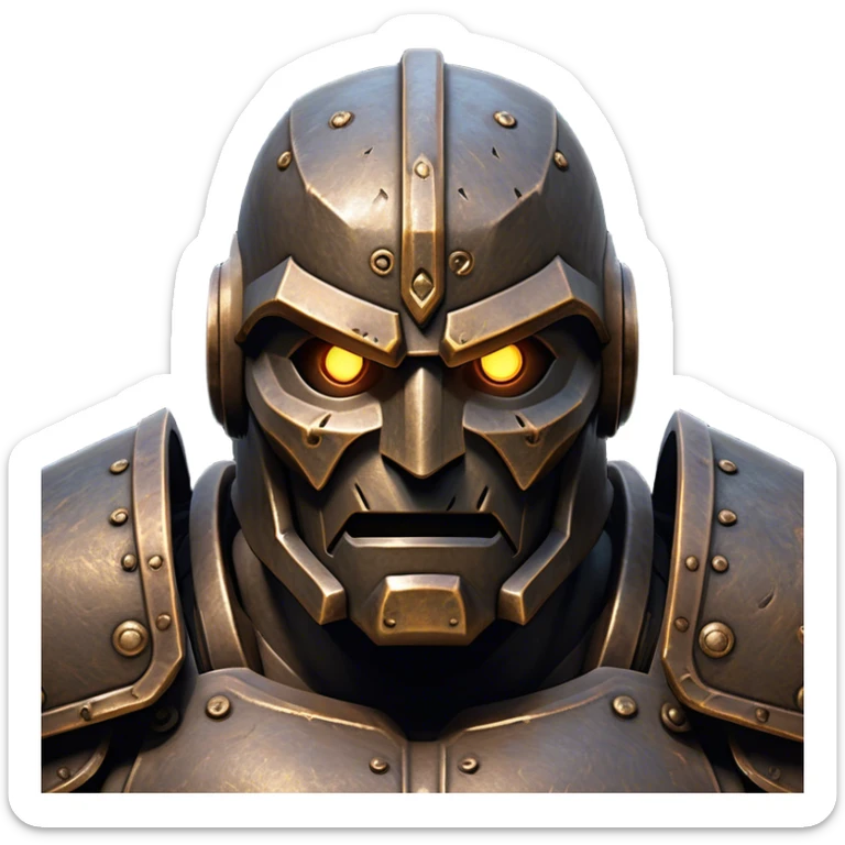 Cinematic Noble Mighty Iron Golem Portrait Emoji Poised and imposing, with a towering, metallic form forged from intricately detailed plates of burnished steel and ancient bronze, etched with faint traces of runes and weathered marks of time. Its piercing, glowing eyes radiate unwavering resolve, casting a solemn and commanding presence; rendered with lifelike texture and natural metallic highlights, high shine, elegant yet indomitable, styled with an aura of legendary endurance, focused and resolute, soft glowing outline, capturing the essence of an eternal guardian, standing vigilant and immovable as if ready to awaken at any moment with unstoppable might! sticker
