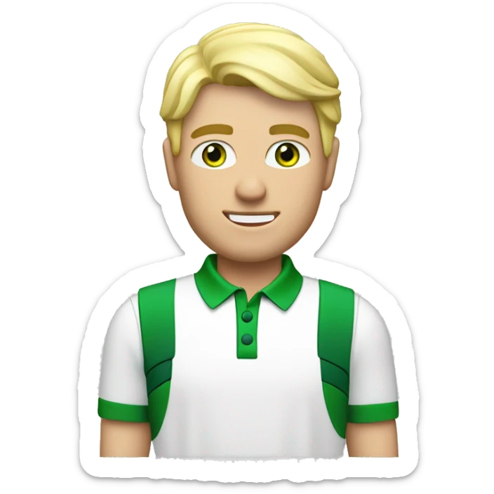 Men with blond hair, green eye, wearing white and green golf outfit. Playing golf sticker