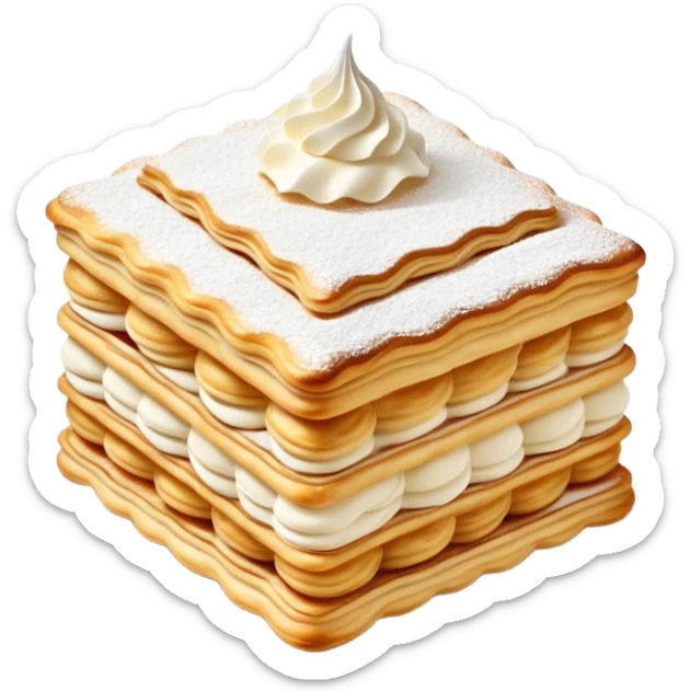 Cinematic Realistic Mille-Feuille Dessert Emoji, depicted as layered puff pastry with rich cream and a dusting of powdered sugar rendered with intricate textures and elegant, soft lighting. sticker