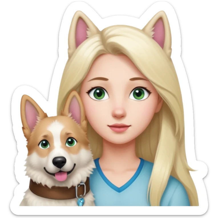White European young woman with blue-green eyes and long blond hair with her white German Shepherd dog,the Dog hast a pink nose and short fur  and Brown eyes sticker
