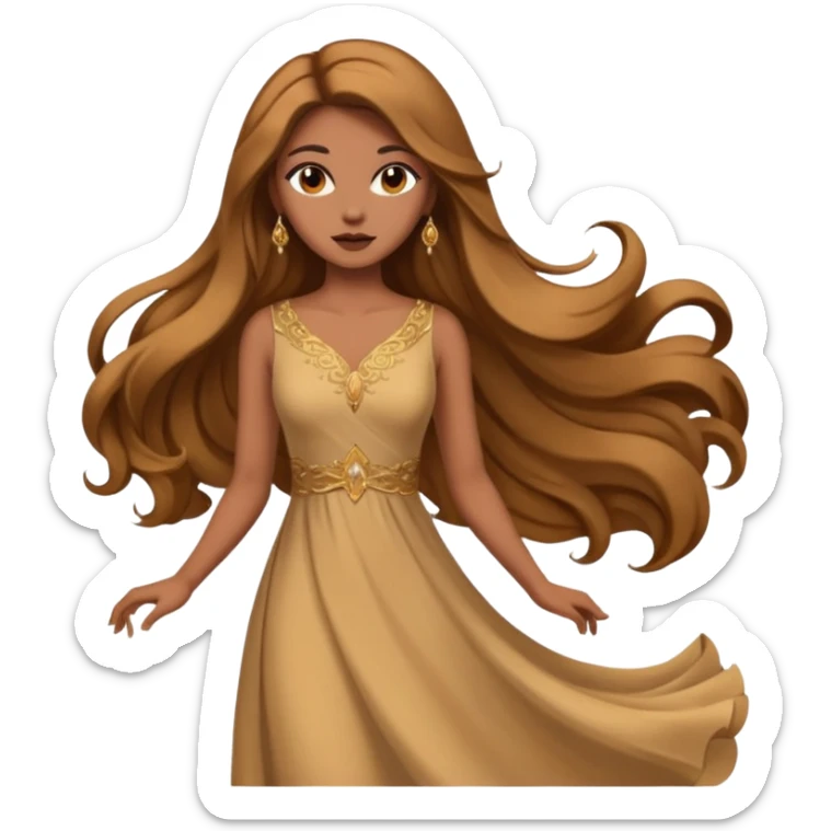 Woman using a long elegant dress. She has medium skin tone and a brown with gold makeup sticker