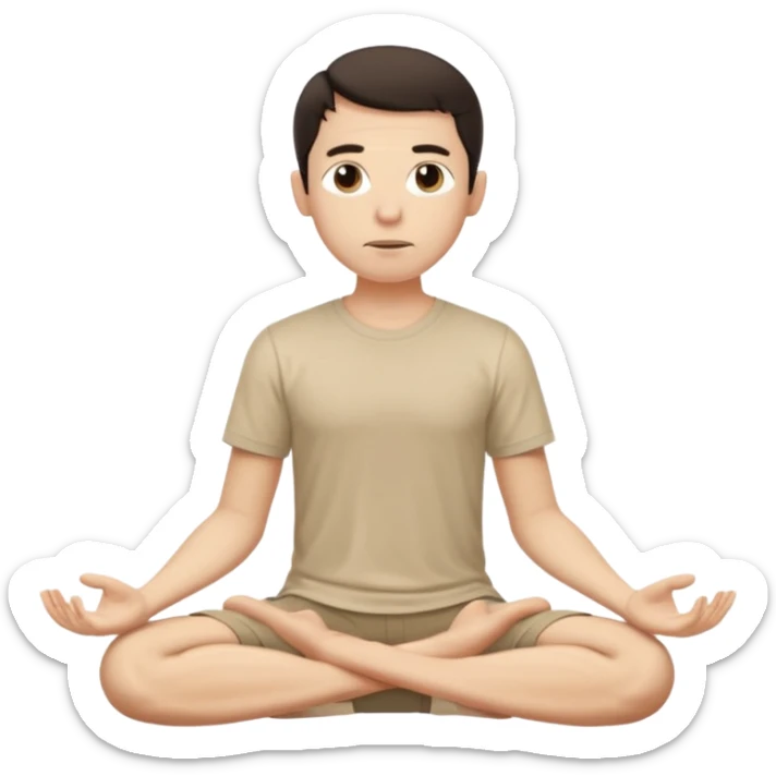 rapaz magro cabelo escuro, camiseta bege e  bermuda bege escuro, corpo inteiro meditan sticker