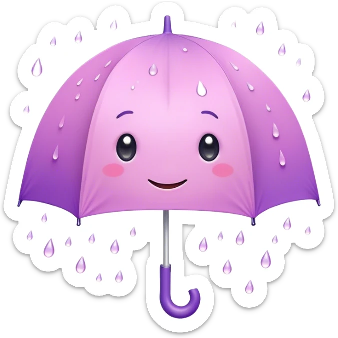 Cute Kawaii Umbrella, small and cute, soft pastel pink and purple, tiny rain droplets smiling down, a chubby round handle, big sparkling eyes full of joy! sticker