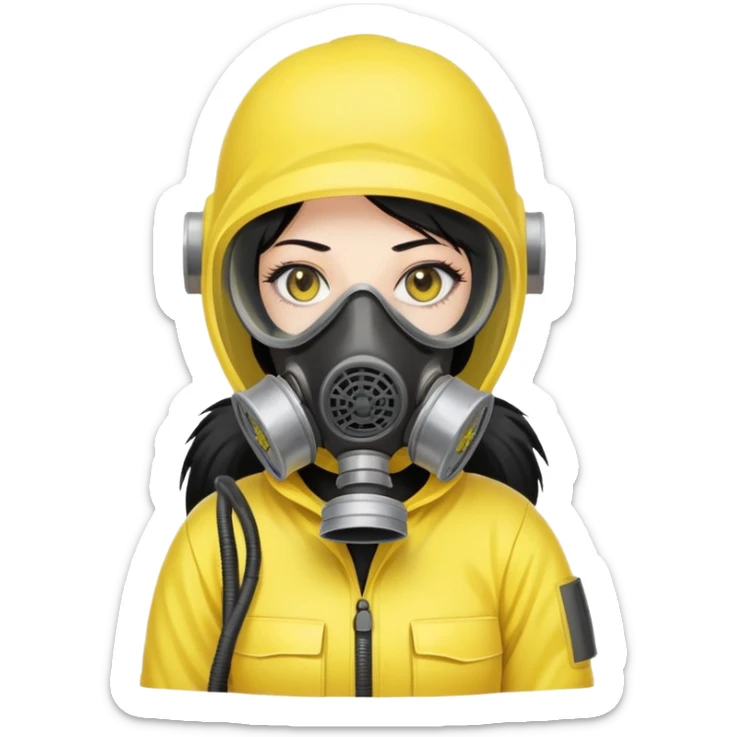 Sticker of a girl with straight black hair, wearing a yellow hazmat suit and a gas mask. Serious atmosphere, cartoon style, radiation danger background. sticker