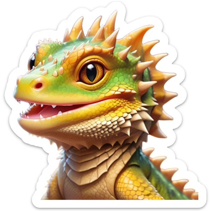 Cinematic Cute Bearded Dragon Portrait Emoji, Head tilted playfully and inquisitively, featuring a glossy, scaled hide in warm olive hues with an adorably scrunched spiky beard and round, sparkling eyes full of curious mischief, Simplified yet irresistibly adorable features, highly detailed, glowing with a warm, friendly glow, high shine, affectionate and lively, stylized with a touch of rugged whimsy, bright and endearing, soft glowing outline, capturing the essence of a mischievous yet loving dragon, so playful it feels like it could scamper out of the screen into your arms! sticker