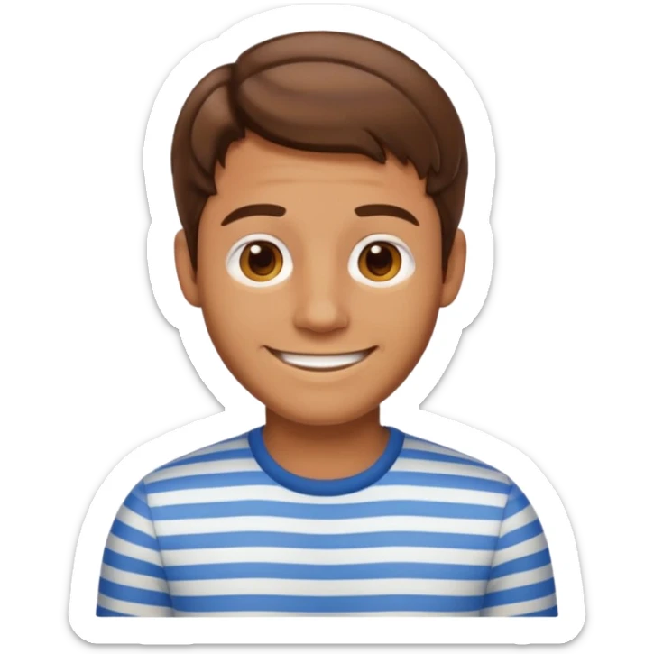 “Cartoony emoji avatar man, tanned skin, short wavy hair, wearing a striped shirt, smiling, clean turquoise background.” sticker