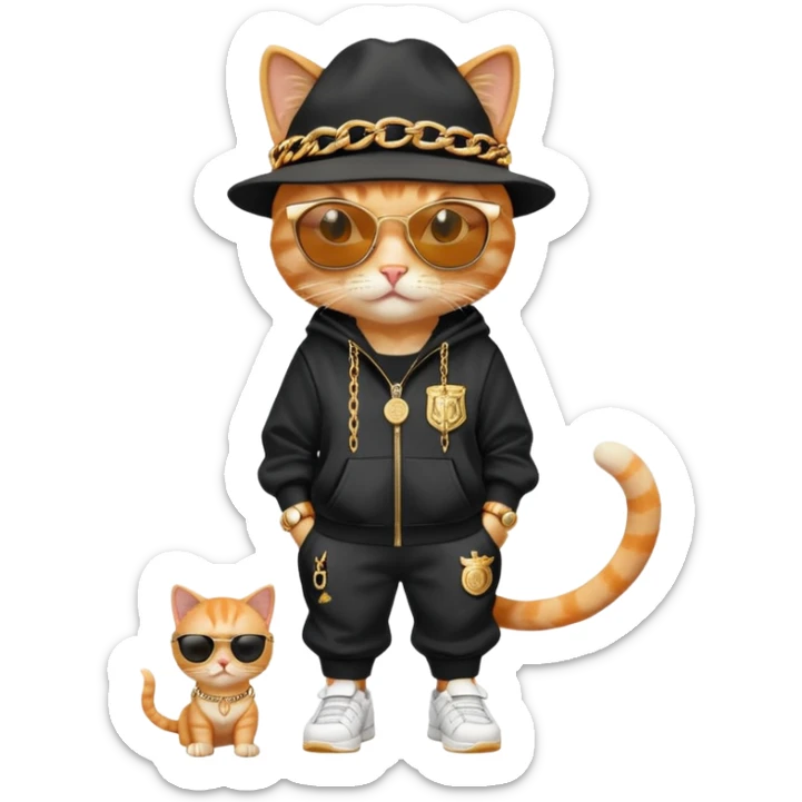 female cat dressed like Run DMC with tracksuit, fedora, Adidas shoes, dark sunglasses, lots of gold chains, rings, bracelets, earrings, upright sticker