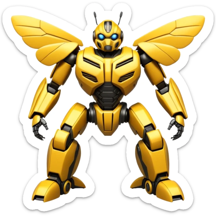 Futuristic robotic bumblebee character in the exact style of Bumblebee from Transformers movies, highly detailed 3D model sticker