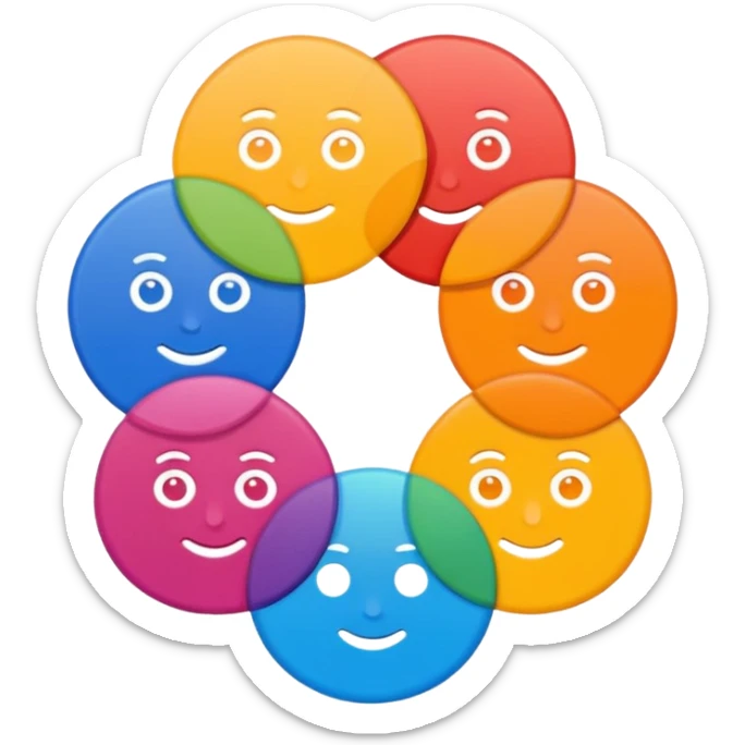 Make me an emoji for an app. The emoji is to highlight "social", "Real people", Reviews, trust, and brand recognition  - Should be circles in a flattened style sticker