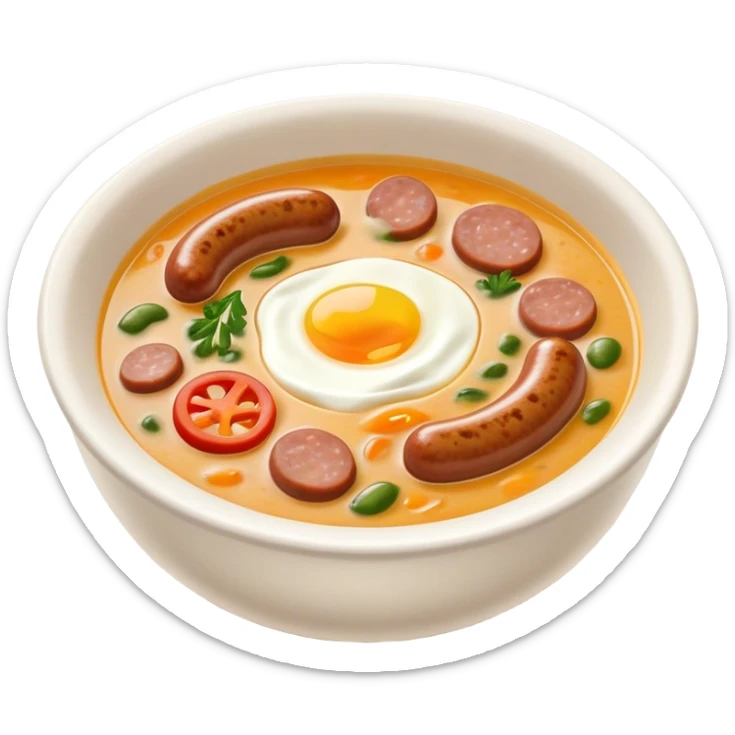 Cinematic Realistic ≈ªurek Soup Dish Emoji, depicted as a tangy, creamy rye soup with sausage and egg rendered with detailed textures and warm, comforting lighting. sticker