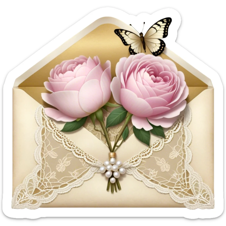 A delicate still life of an aged love letter sealed with golden wax, placed on a vintage lace doily, accompanied by a bouquet of pale pink roses and white peonies, with a shimmering pearl butterfly resting on the envelope. sticker