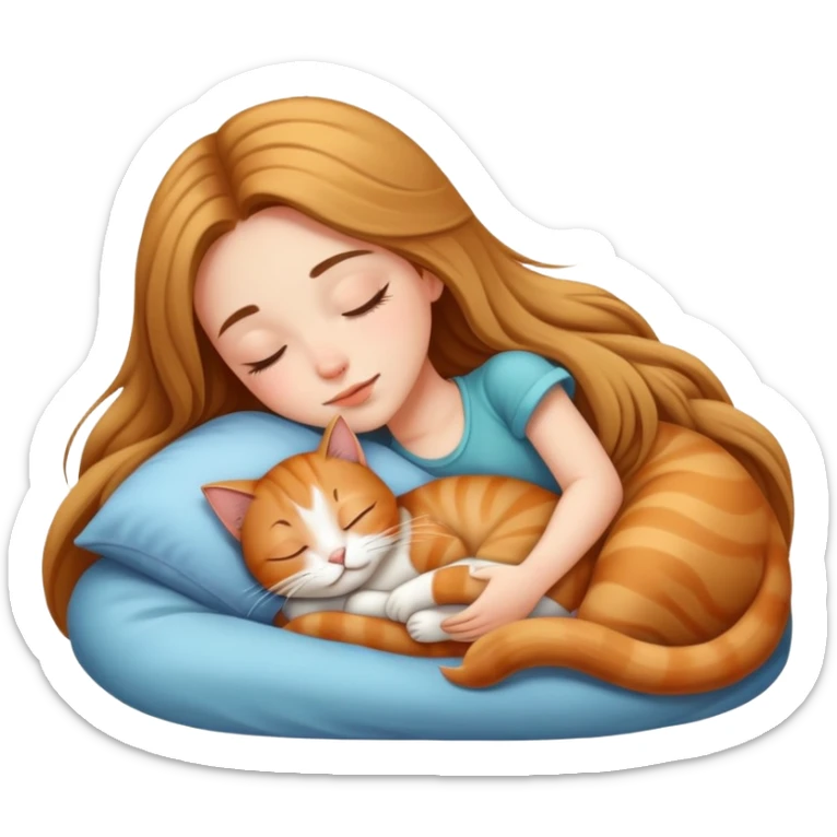 Generate a picture of a beautiful girl with long hair sleeping with a cat sticker
