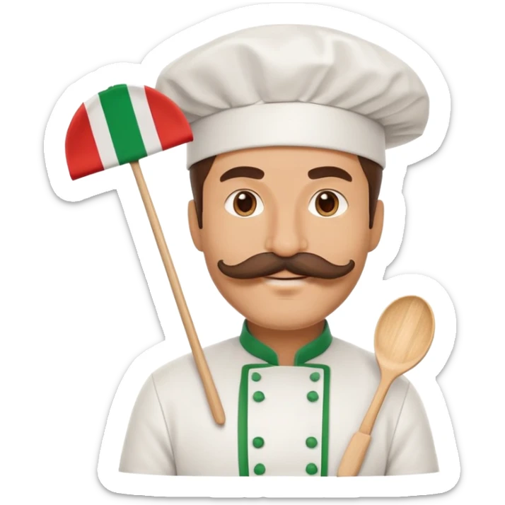 Paper fan with the design of an Italian man with a thick mustache, Italian flag colors, chef hat sticker