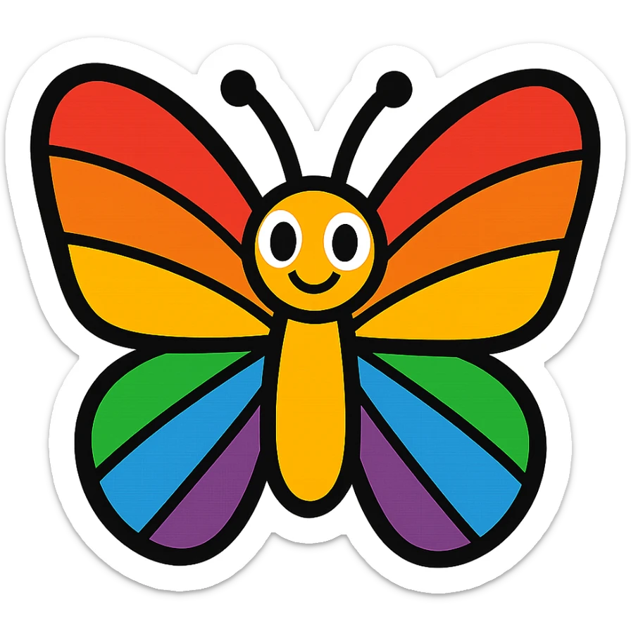 a butterfly in vibrant toon style, bright and colorful, cartoon look, rainbow pride colors sticker