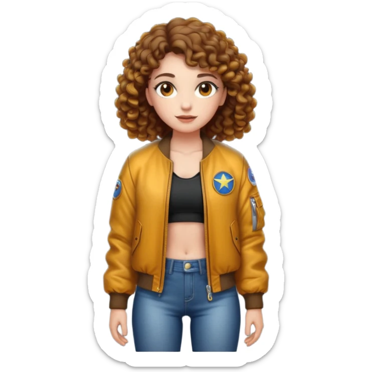 full body woman short curly brown mullet brown eyes white skin muscular build firefly bomber jacket sticker