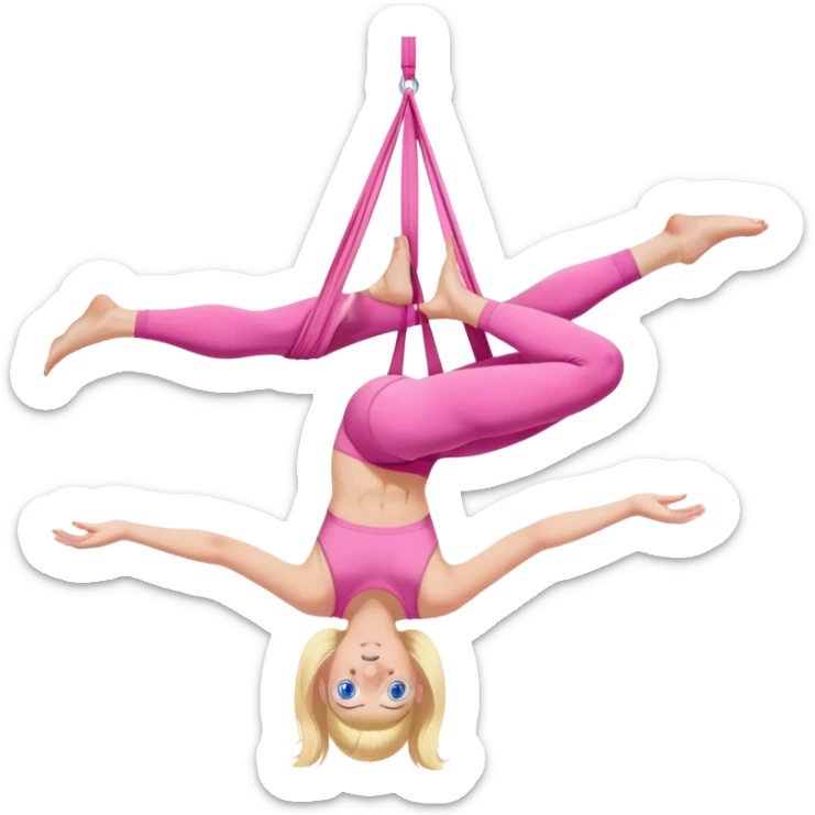 Blonde girl with blue eyes in pink workout clothes doing aerial yoga sticker