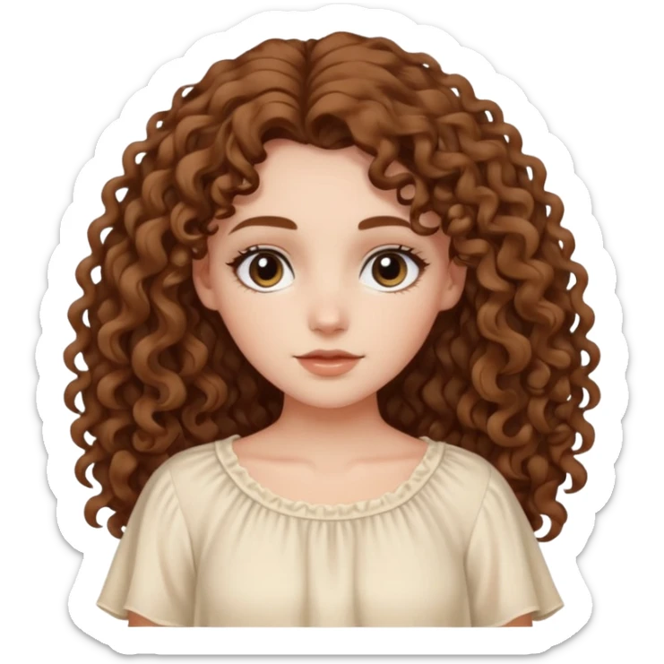 aesthetic white girl with medium brown long curly hair and black eyes  , cream flowy top sticker